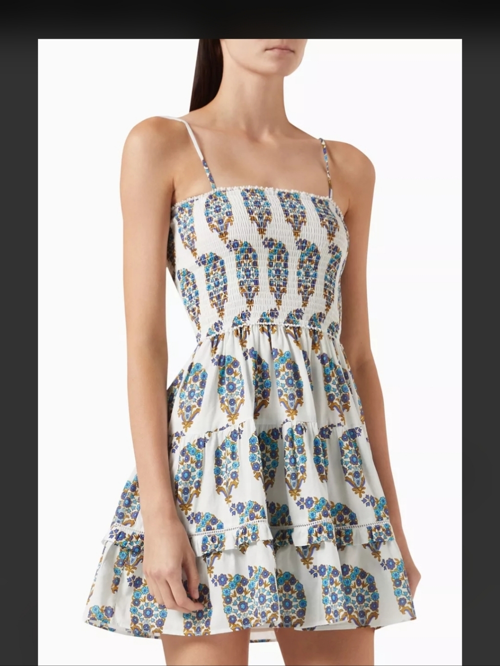 Smocked Spaghetti Strap Mini Dress in White with Blue Floral Print
